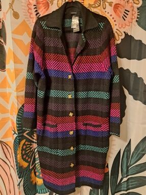 Torrid Long Black Sweater Coat with Pink Blue Teal Stripes